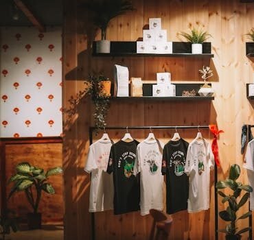 Stylish T-shirt display in a cozy, modern retail store with plants and wooden decor.